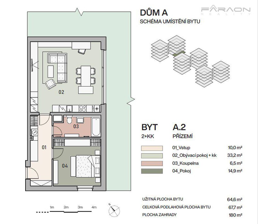 Prodej bytu 2+KK, 68 m2, zahrada 180 m2, garáž, Vysočany