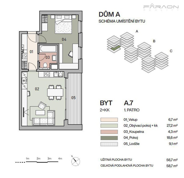 Nový byt 2+KK, 59 m2, balkon, garáž, Vysočany