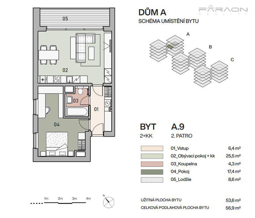 Nový byt 2+KK, 57 m2, lodžie, sklep, garáž, Vysočany