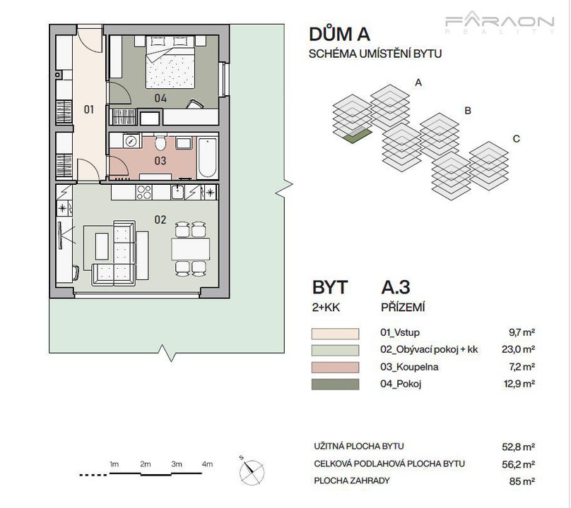 Prodej bytu 2+KK, 56 m2, zahrada, garáž, Vysočany 