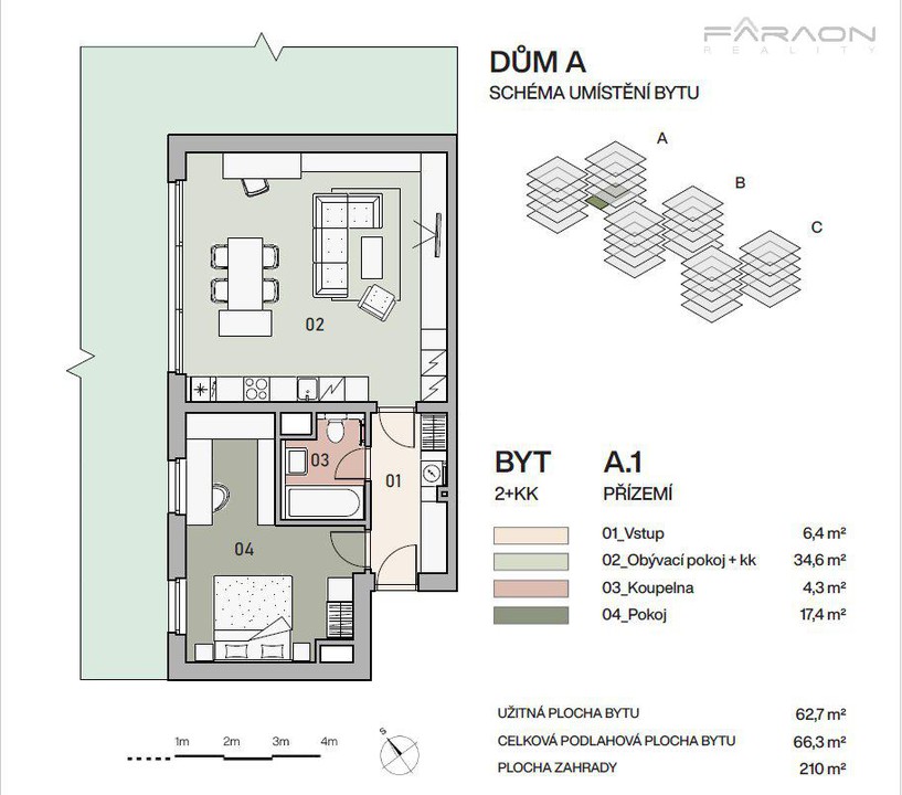 Prodej bytu 2+KK o ploše 66,3 m2 se zahradou 210 m2 a garáží, Vysočany