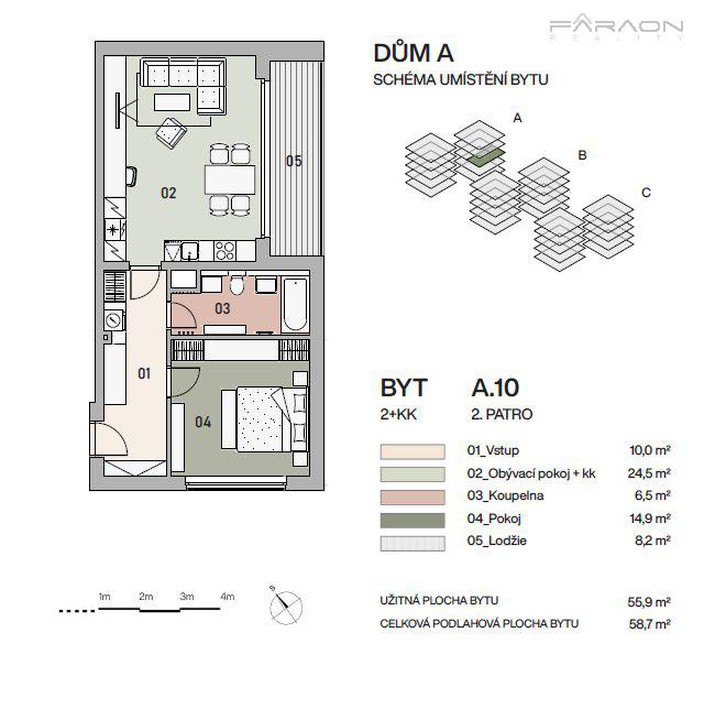 Nový byt 2+KK, 59 m2, balkon, garáž, sklep, Vysočany