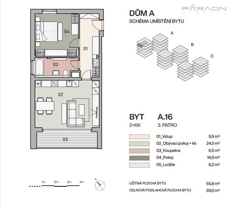 Prodej bytu 2+KK, 59 m2, lodžie 8 m2, sklep, garáž, Vysočany 