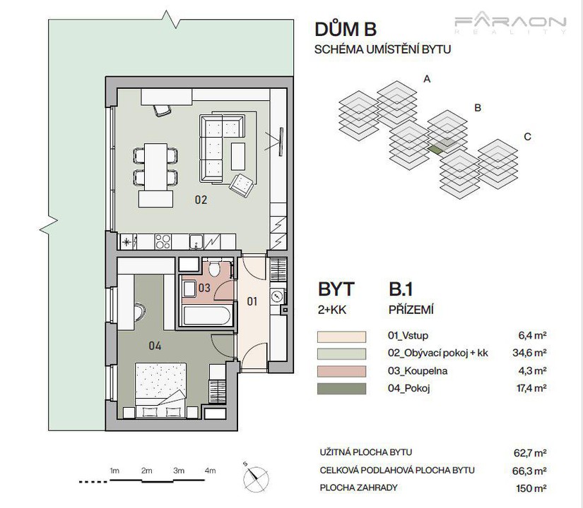 Prodej bytu 2+KK 66 m2 se zahradou 150 m2, garážové stání, sklep, Vysočany 