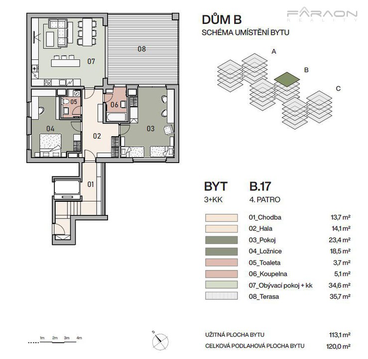 Prodej bytu 3+KK, 118 m2, terasa 37 m2, garáž, sklep, Vysočany