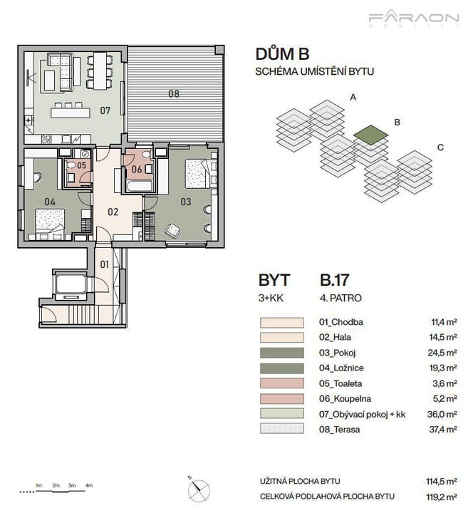 Prodej bytu 3+KK, 119 m2, terasa 37 m2, garáž, sklep, Vysočany