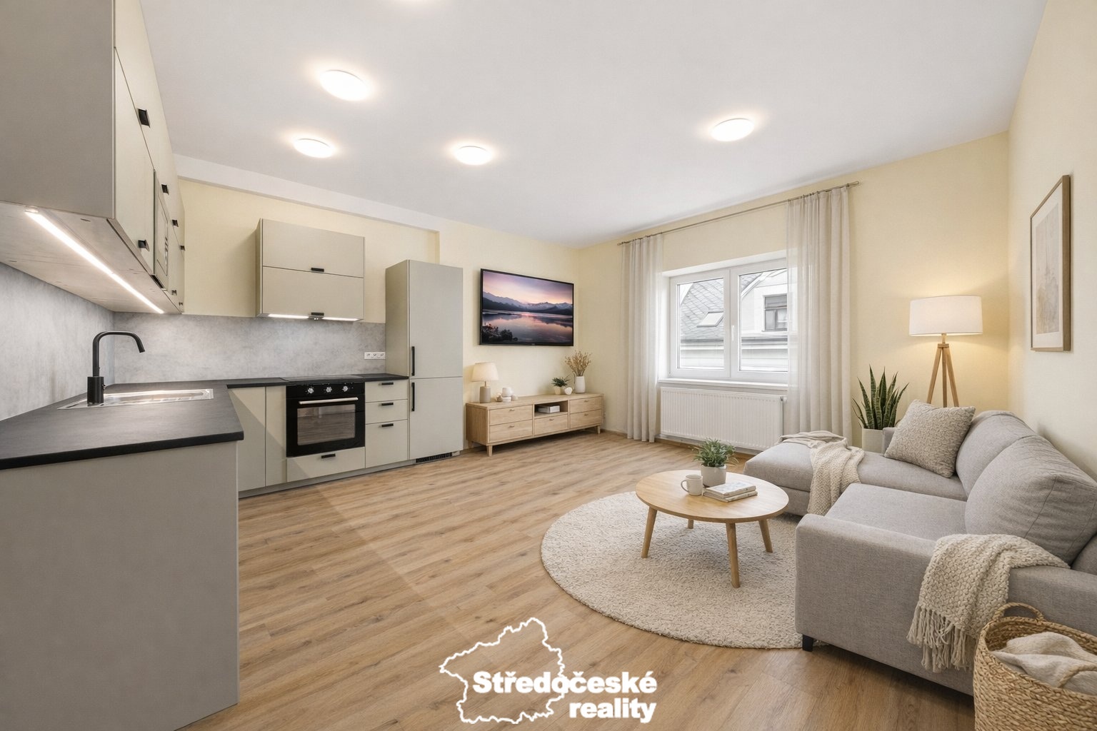 byt - obývací pokoj a kuchyň VIZUALIZACE