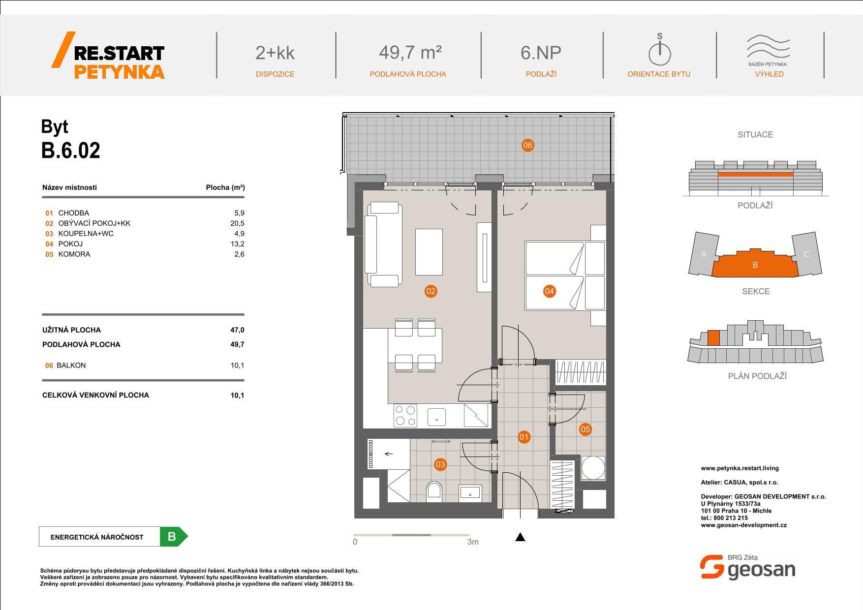 Novinka ! Re.Start Petynka Byt 2+kk 49,7m2, Lodžie 10,1m2