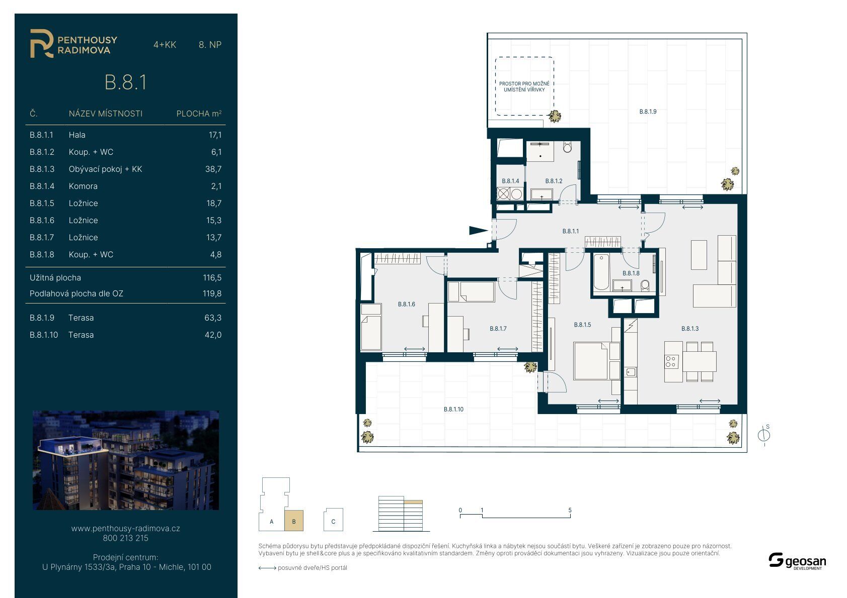 Rezidence Radimova, Penthouse 4+kk, 119,8 m2, 2X terasa , celkem 105m2