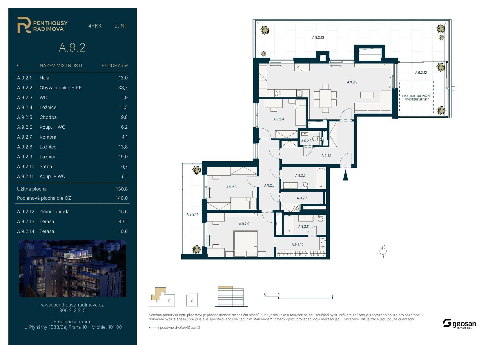 Rezidence Radimova, Penthouse, 4+kk 140 m2, terasa 54m2, zimní zahrada 15,6m2