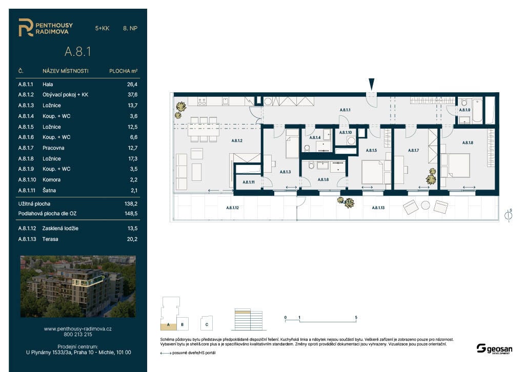 Rezidence Radimova, Penthouse 5+kk, 148,5m2, Terasa 20,2m2, zasklená lodžie 13,5m2