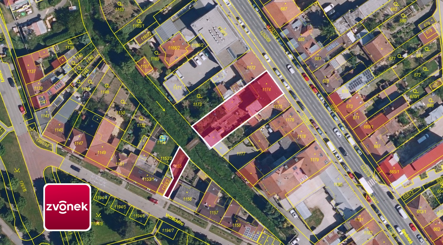 Katastrální mapa se zvýrazněnými pozemky