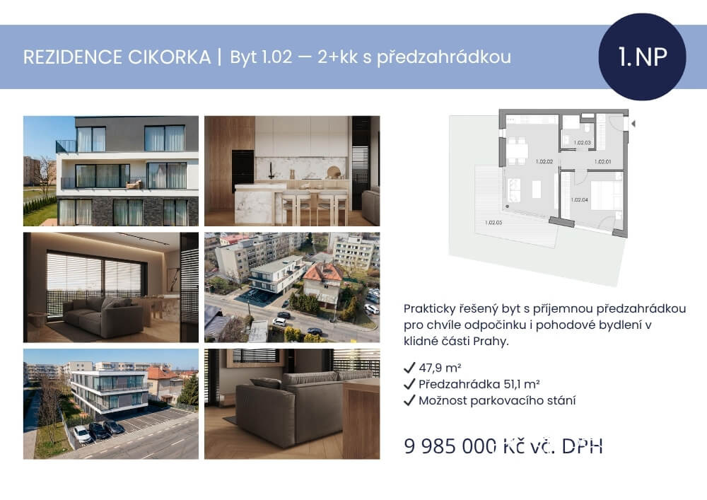 Prodej bytu 2+kk s předzahrádkou – Rezidence Cikorka, Praha – Modřany