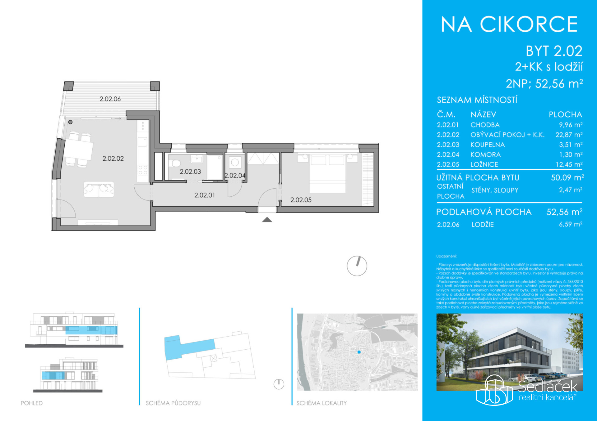 Prodej bytu 2+kk s lodžií – Rezidence Cikorka, Praha – Modřany