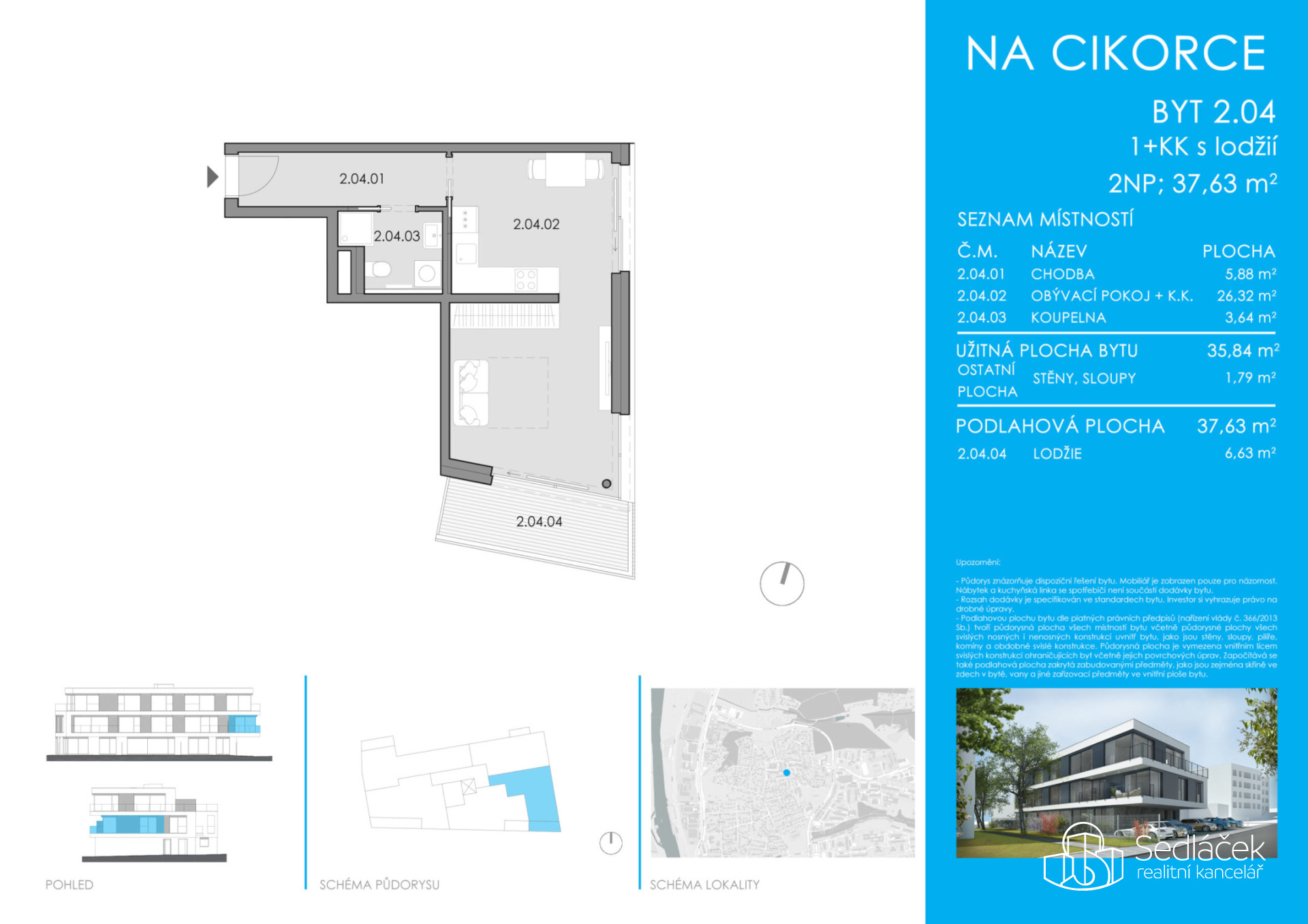 Prodej bytu 1+kk s lodžií – Rezidence Cikorka, Praha – Modřany