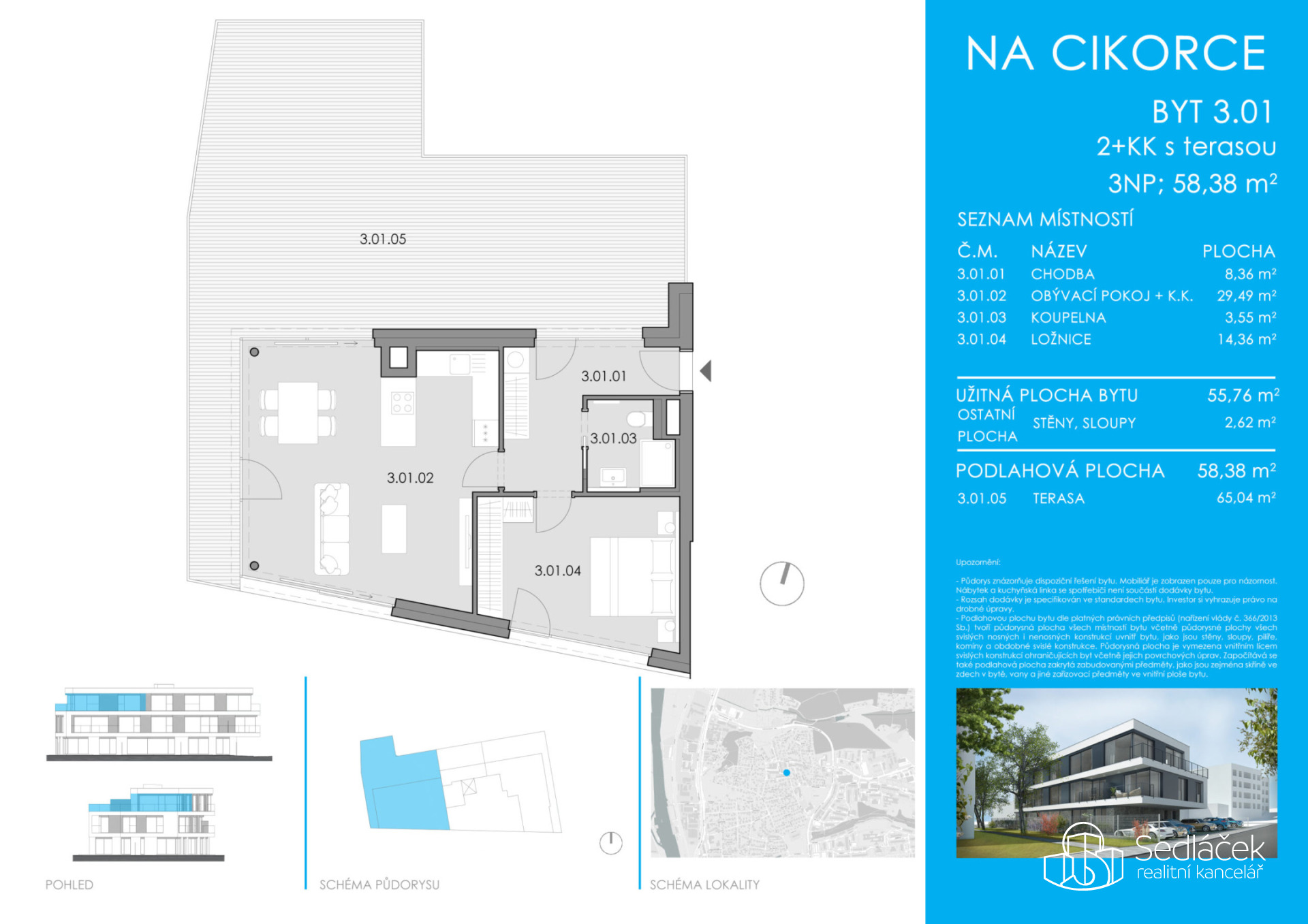 Prodej bytu 2+kk s terasou – Rezidence Cikorka, Praha – Modřany