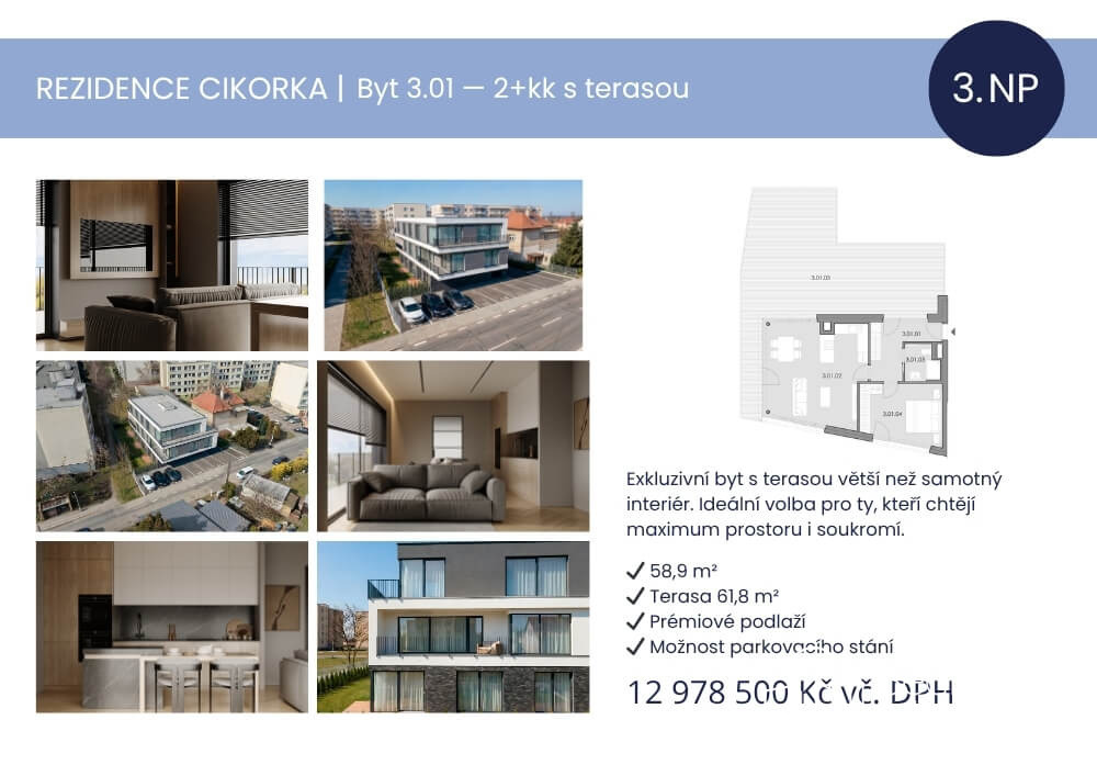 Prodej bytu 2+kk s terasou – Rezidence Cikorka, Praha – Modřany