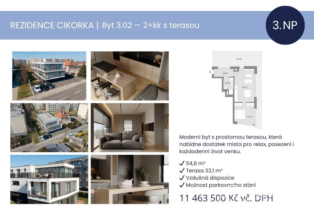 Prodej bytu 2+kk s terasou – Rezidence Cikorka, Praha – Modřany