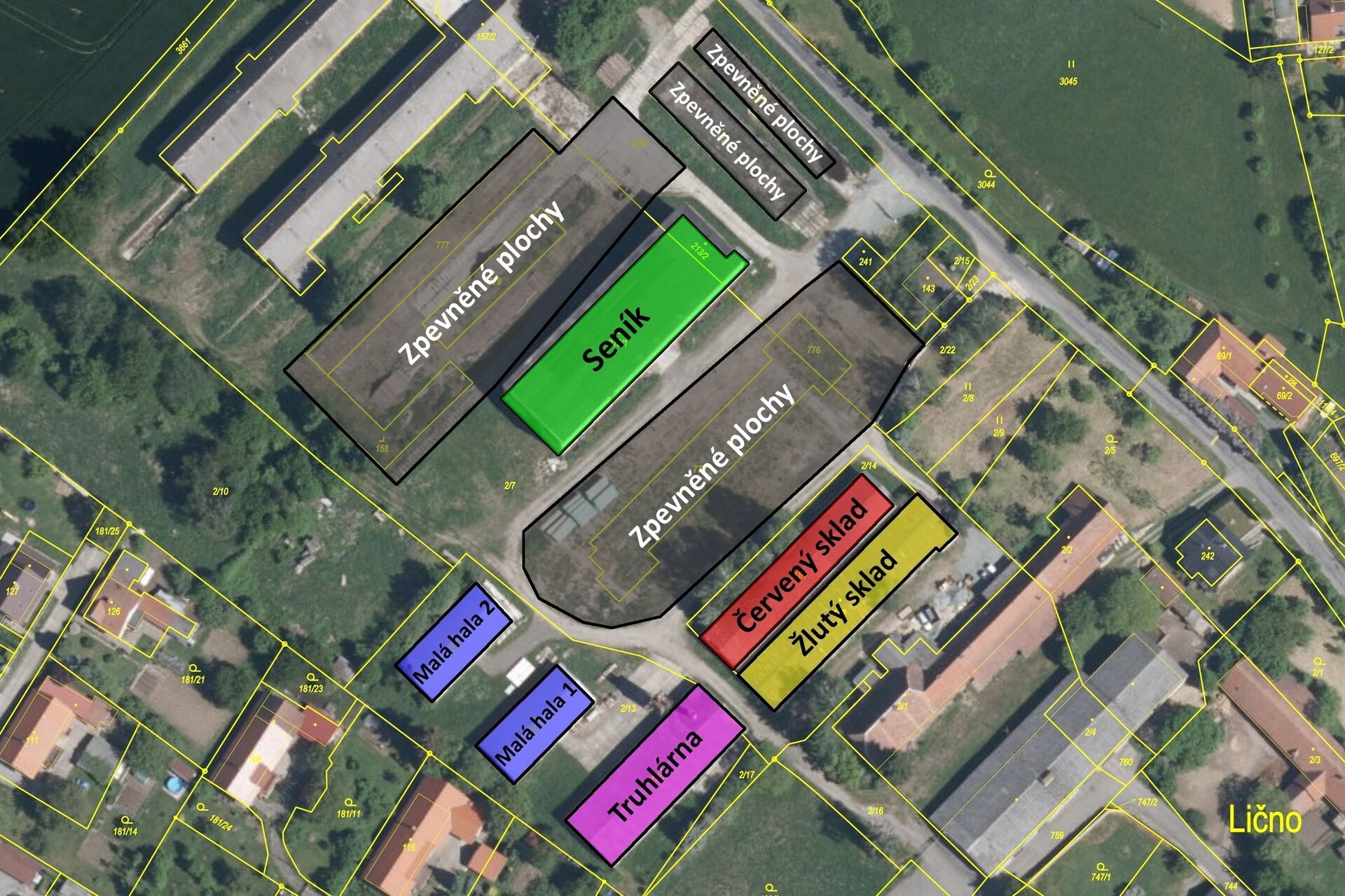 Skladové a výrobní objekty o plochách 305 m2 až 1.080 m2 a venkovní zpevněné plochy