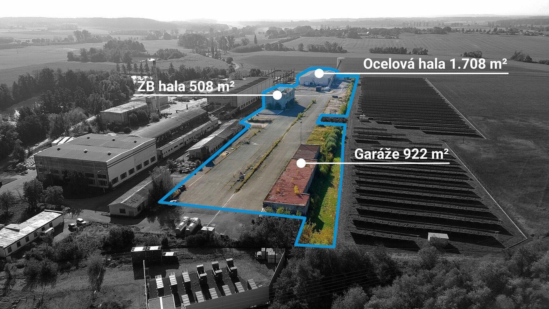 2 skladové haly, objekt 16 garáží a velké zpevněné pozemky