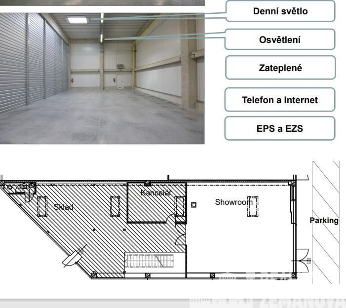 C 2.27, Obchodně-skladová hala,  178 m2 v přízemí a vestavěné patro 97 m2, Tiskařská, P-10