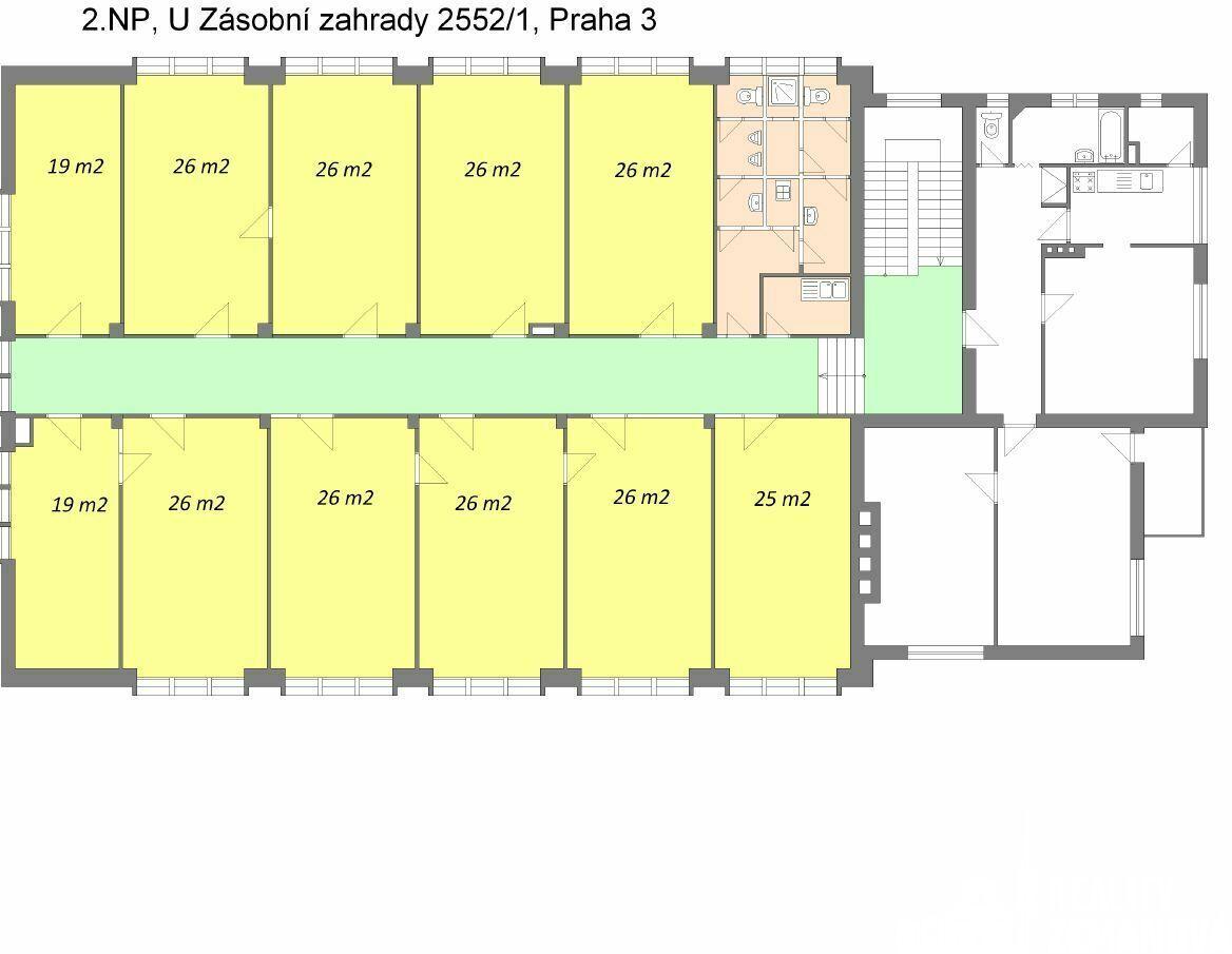Pronájem kanceláří jednotlivých až po celé patro 347m2, parkování, U zásobní zahrady, Praha 3