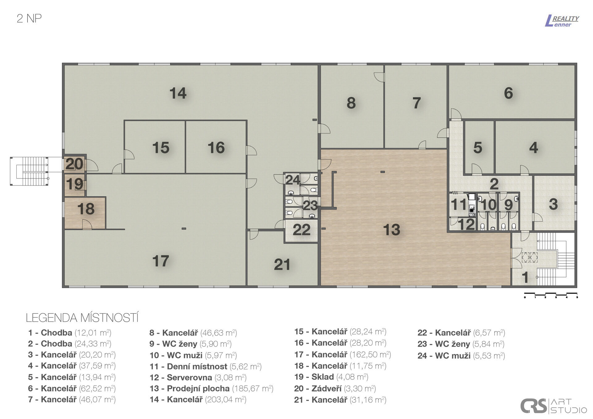 Pronájem komerční budovy (kanceláře, obchod, sklady, výroba), 2.440 m2 na pozemku 5.275 m2