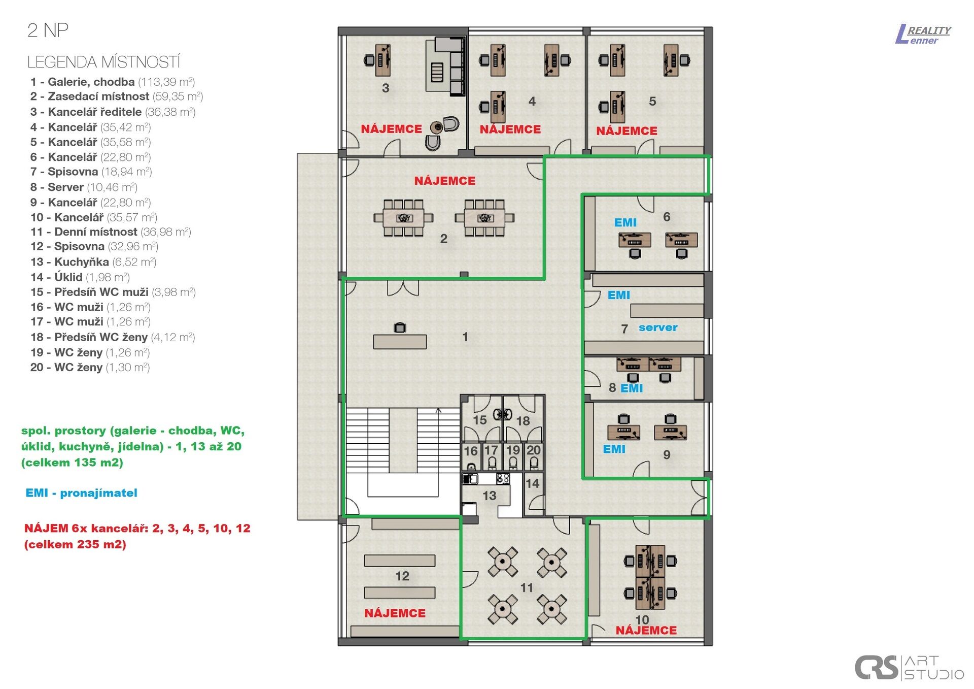 Pronájem kancelářských prostor (6x kancelář) celkem 235 m2, 7x parkovací stání