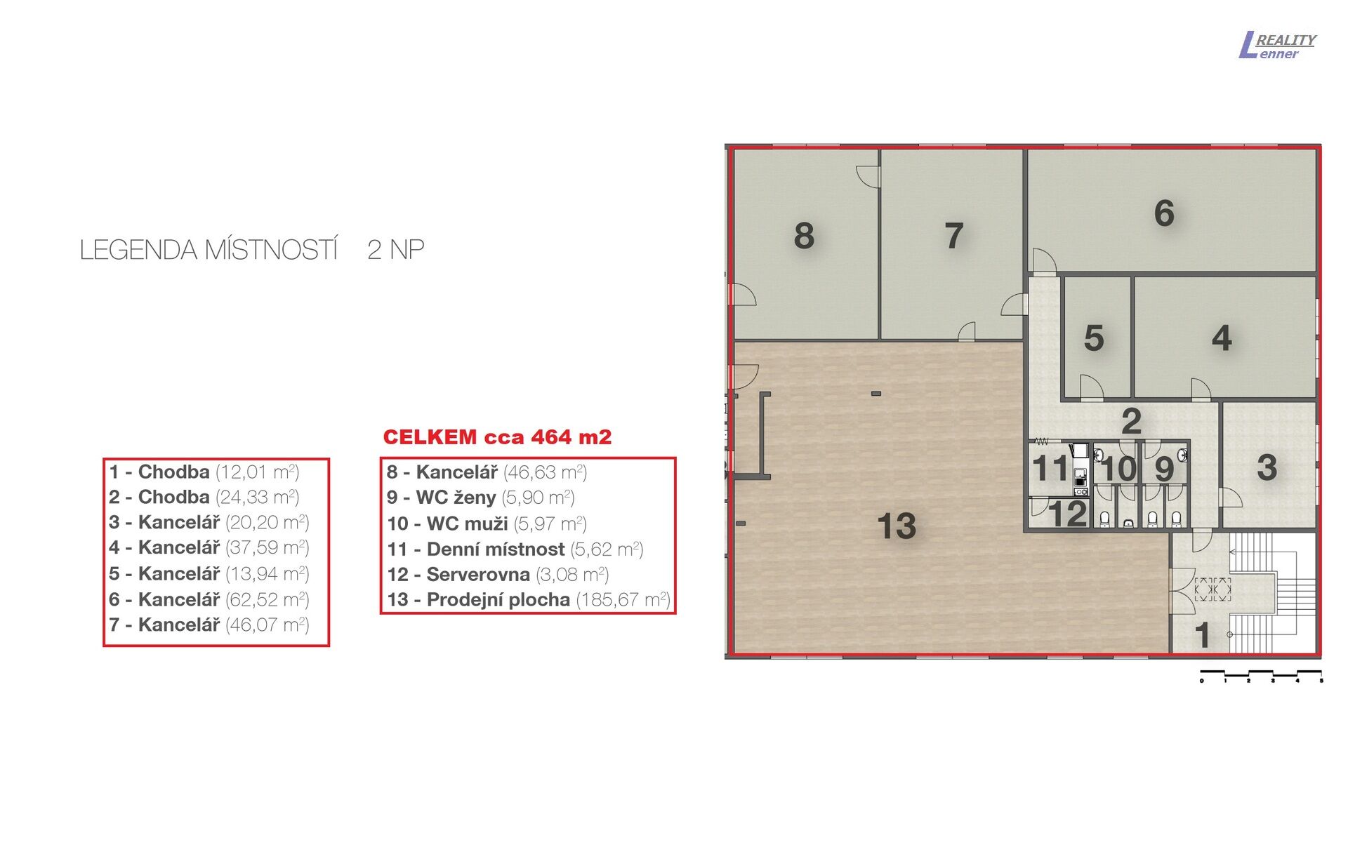 Pronájem části komerční budovy (obchod, kanceláře 5x, přísluš.), 2. NP, 464 m2 na pozemku 5.275 m2