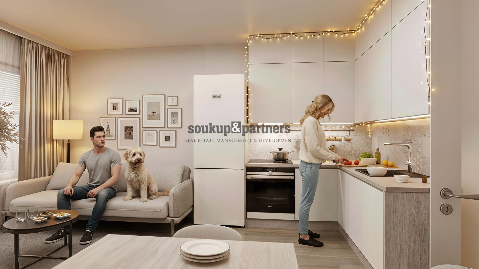 Nový družstevní byt 1+kk 32 m2 + PŘEDZAHRÁDKA 19 m2, Parkovací stání, Sklep - projekt PORTTI Kladno.
