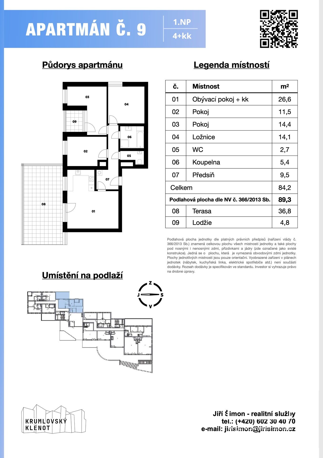 Apartmán č. 9, 4+kk, 89 m2 + terasa 42 m2 + sklep v 1. NP v projektu Krumlovský klenot