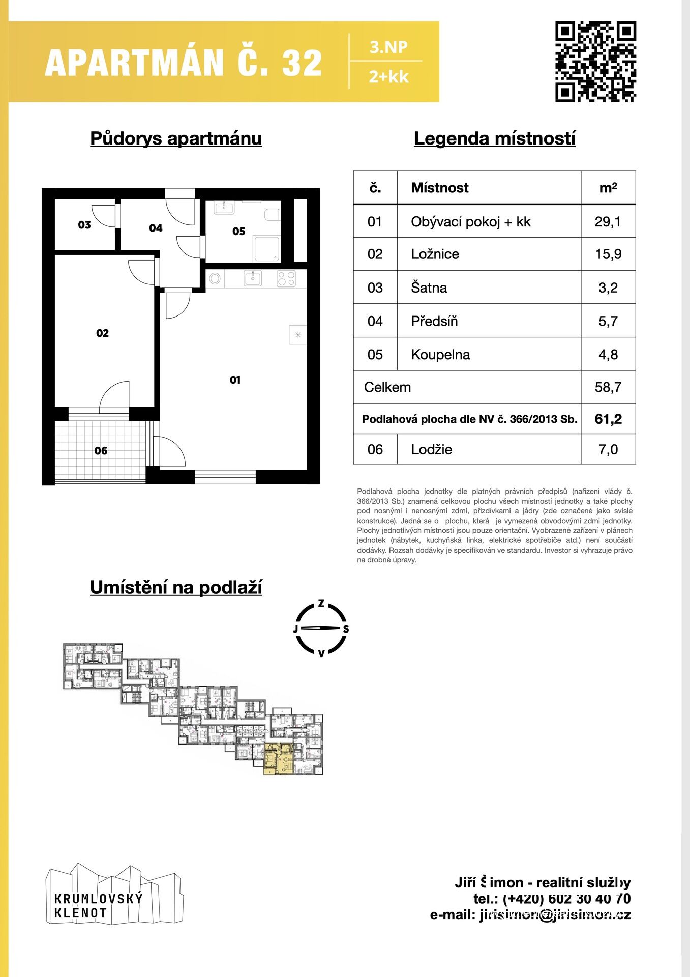 Apartmán č. 32, 2+kk, 61 m2 + balkón 7 m2 + sklep v 3. NP v projektu Krumlovský klenot