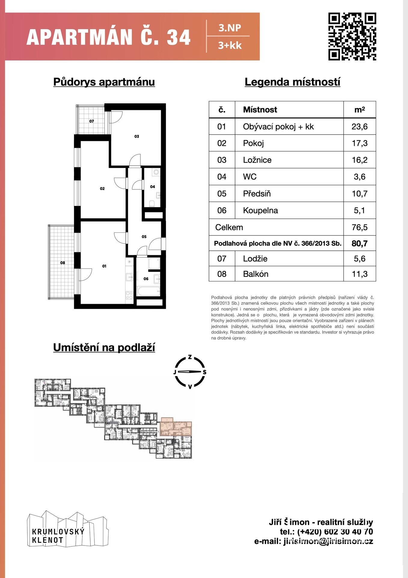 Apartmán č. 34, 3+kk, 81 m2 + terasa 17 m2 + sklep v 3. NP v projektu Krumlovský klenot