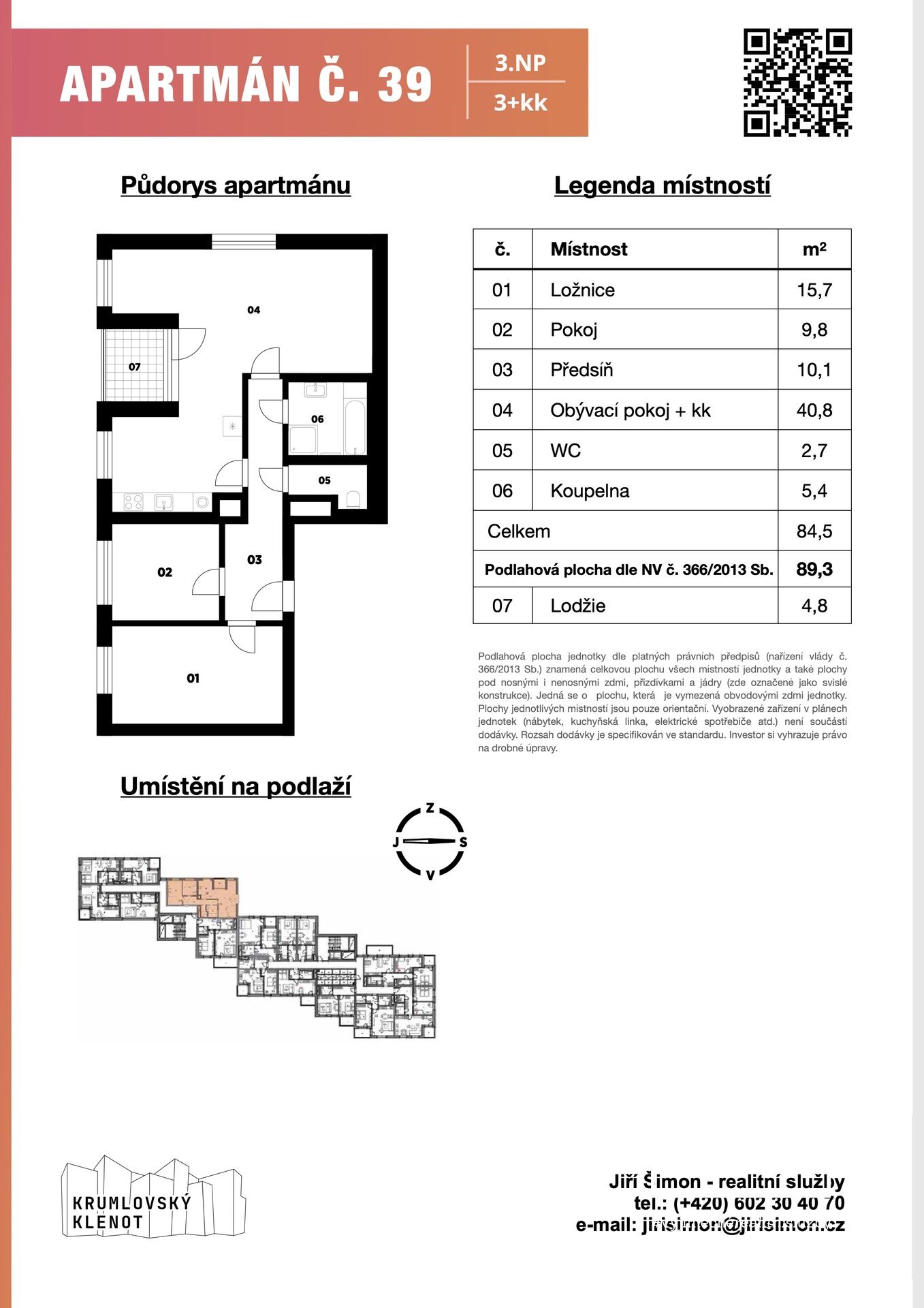 Apartmán č. 39, 3+kk, 89 m2 + balkón 5 m2 + sklep v 3. NP v projektu Krumlovský klenot