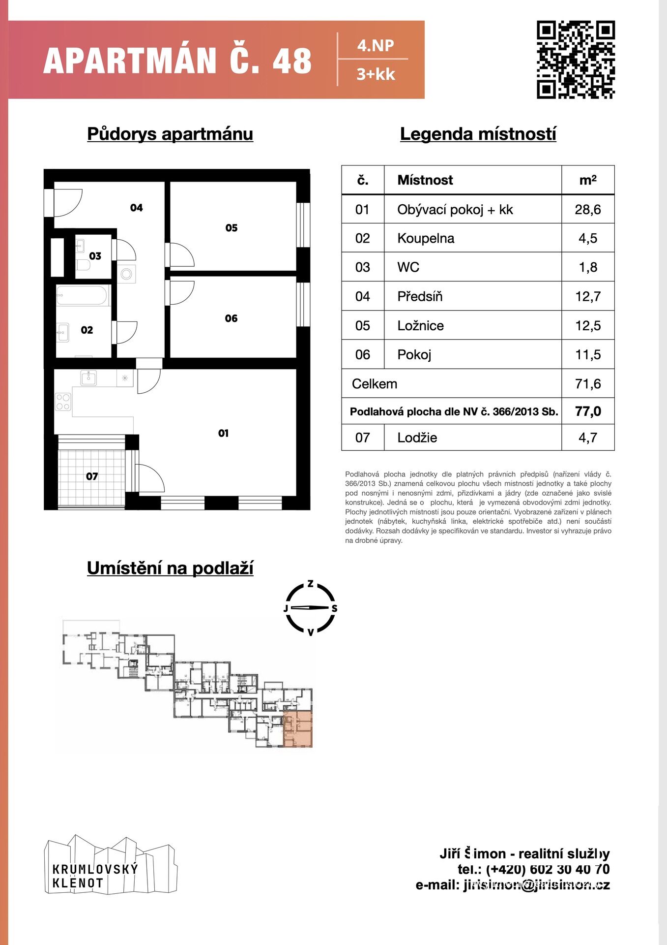 Apartmán č. 48, 3+kk, 77 m2 + balkón 5 m2 + sklep v 4. NP v projektu Krumlovský klenot