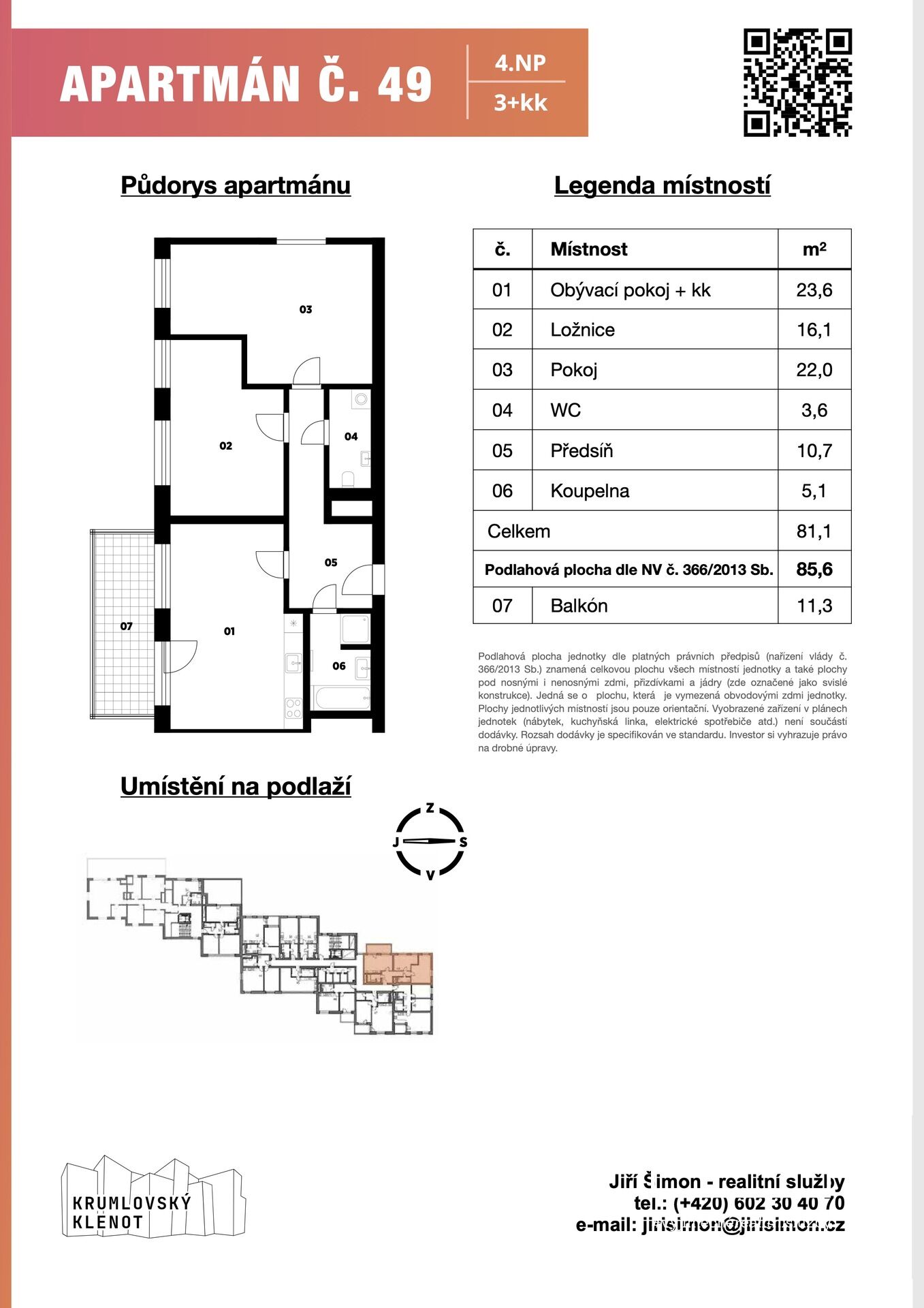 Apartmán č. 49, 3+kk, 86 m2 + balkón 11 m2 + sklep v 4. NP v projektu Krumlovský klenot