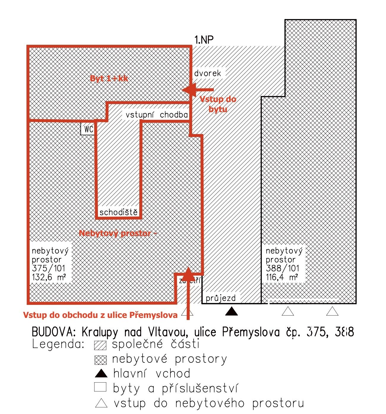 Nebytový prostor - obchod a byt, celkem 132 m2, Kralupy nad Vltavou, Přemyslova ulice