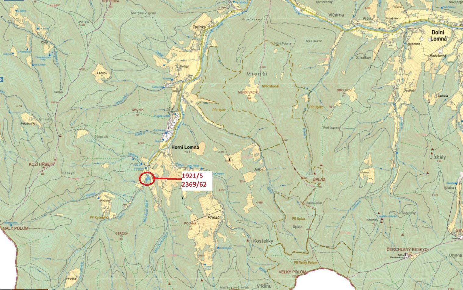 Lesní pozemek o výměře 3 125 m2, podíl 1/1, k.ú. Horní Lomná, okres Frýdek-Místek