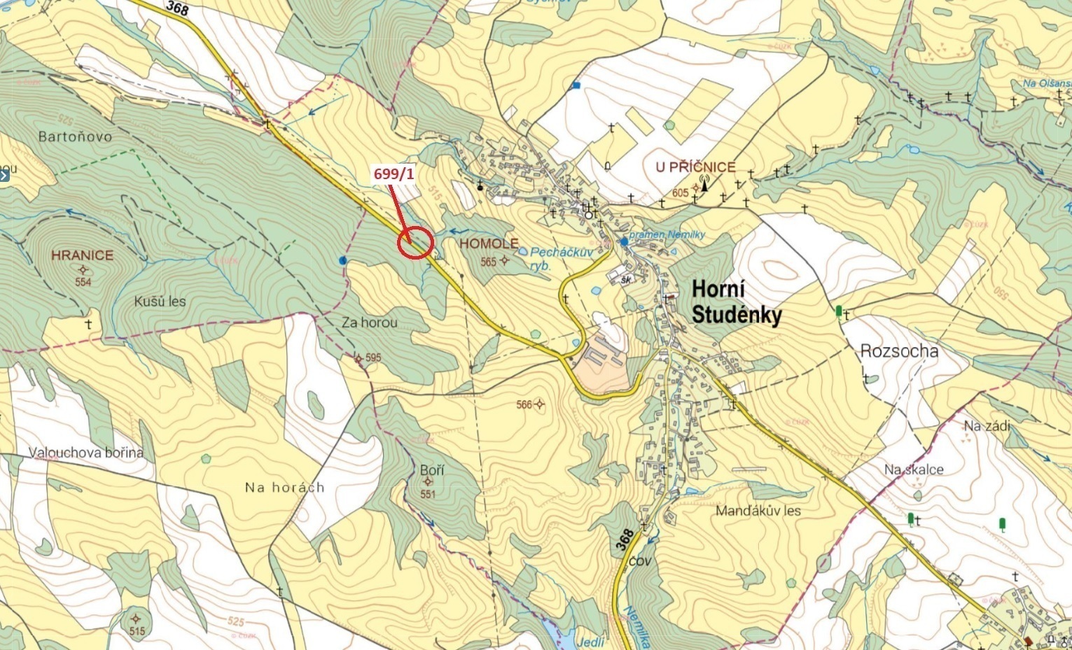 Lesní pozemek o výměře 491 m2, podíl 1/1, k.ú. Horní Studénky, okres Šumperk