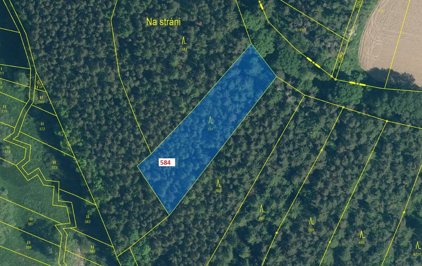 Lesní pozemek o výměře 2 657 m2, podíl 1/1, k.ú. Kovčín, okres Klatovy