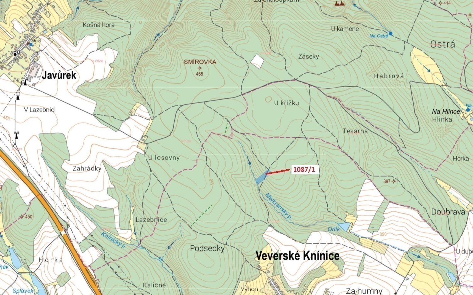 Lesní pozemek o výměře 5 996 m2, podíl 1/1, k.ú. Veverské Knínice, okres Brno-venkov