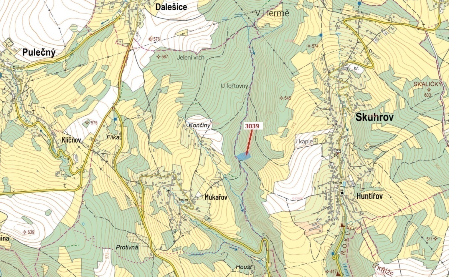 Lesní pozemek o výměře 6 480 m2, podíl 1/1, k.ú. Skuhrov u Železného Brodu, okres Jablonec nad Nisou