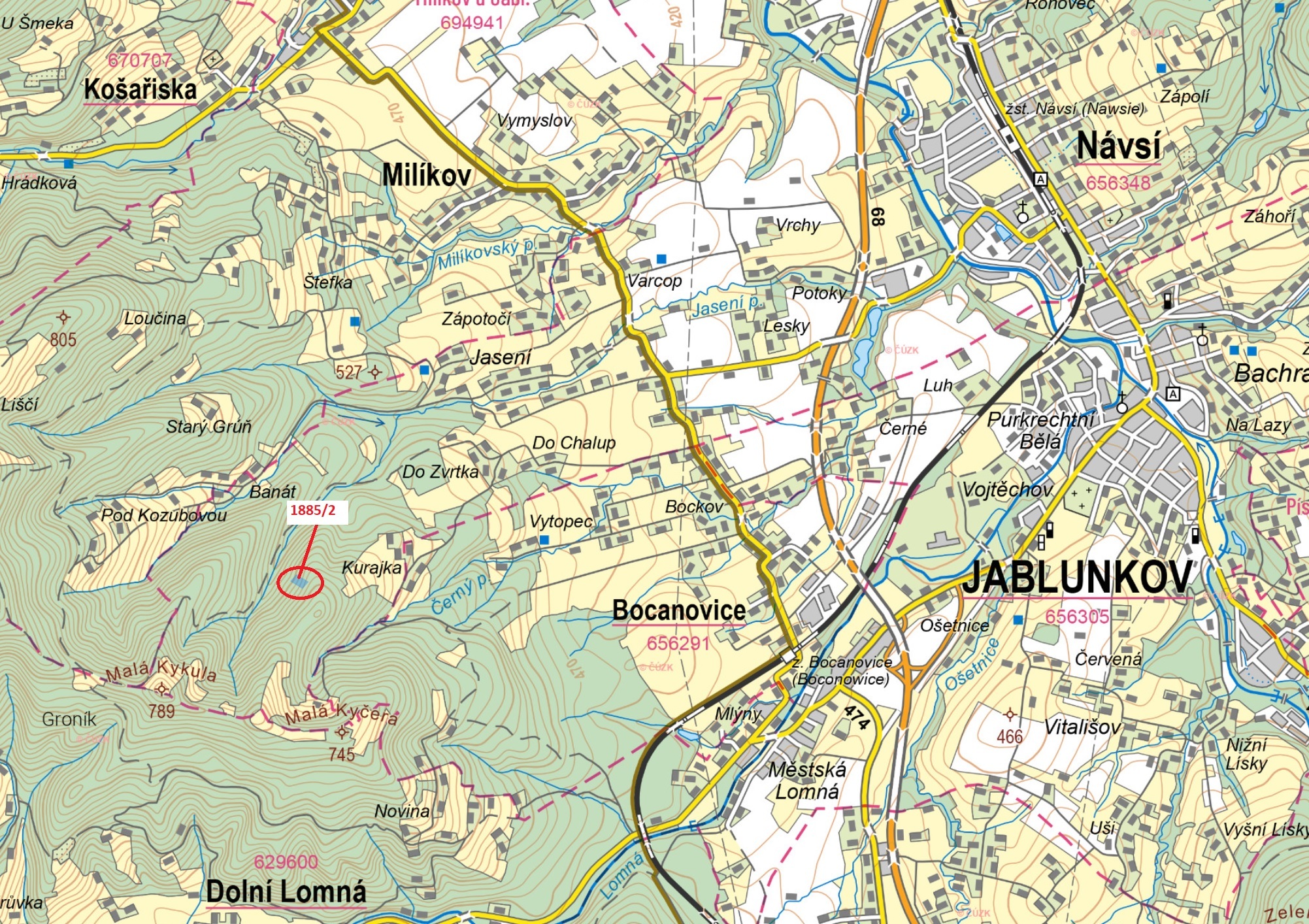 Lesní pozemek o výměře 3425 m2, podíl 1/1, k.ú. Návsí, okres Frýdek-Místek