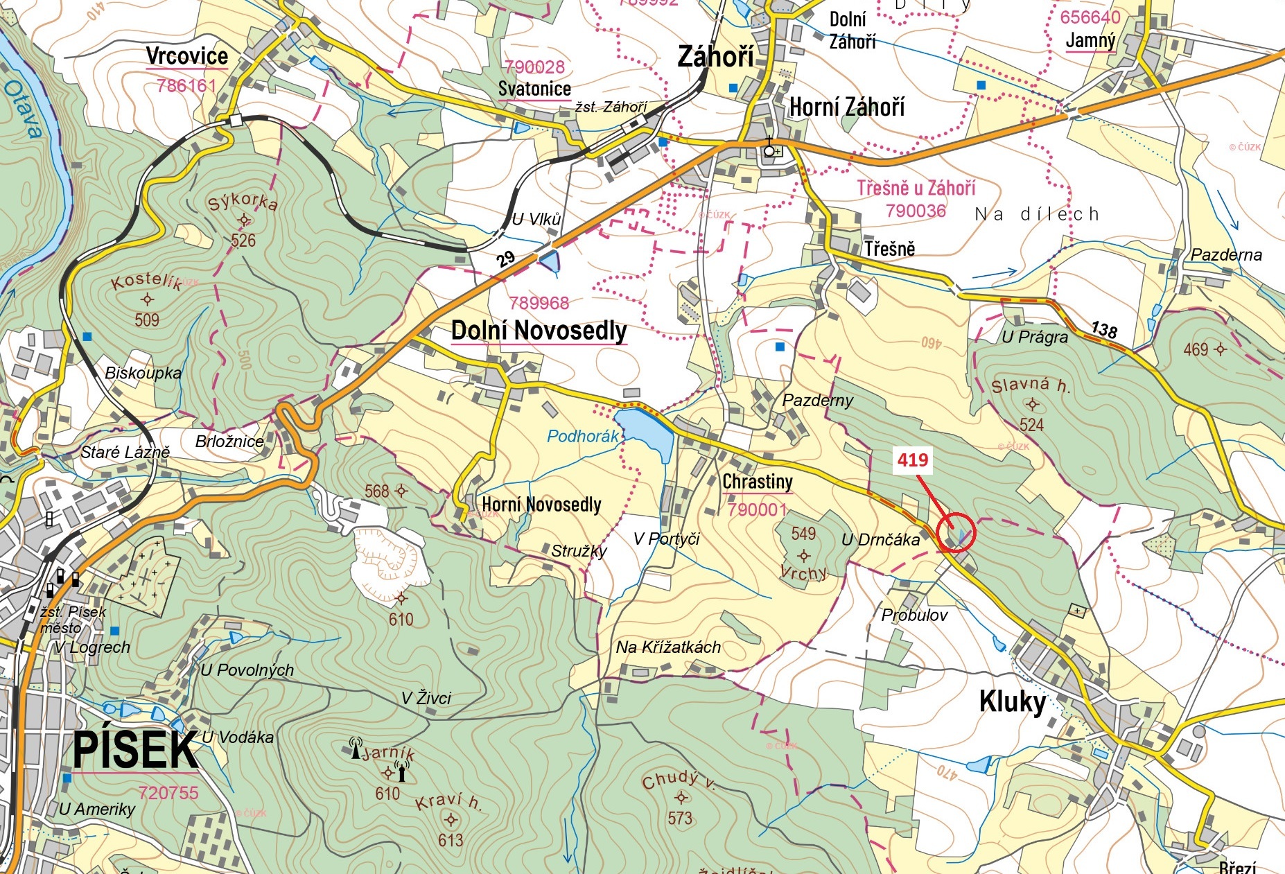 Lesní pozemek o výměře 1 446 m2, podíl 1/1, k.ú. Třešně u Záhoří, okres Písek