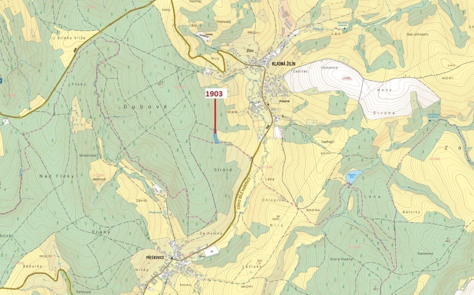 Lesní pozemek o výměře 3 417 m2, podíl 1/1, k.ú. Kladná Žilín, okres Zlín