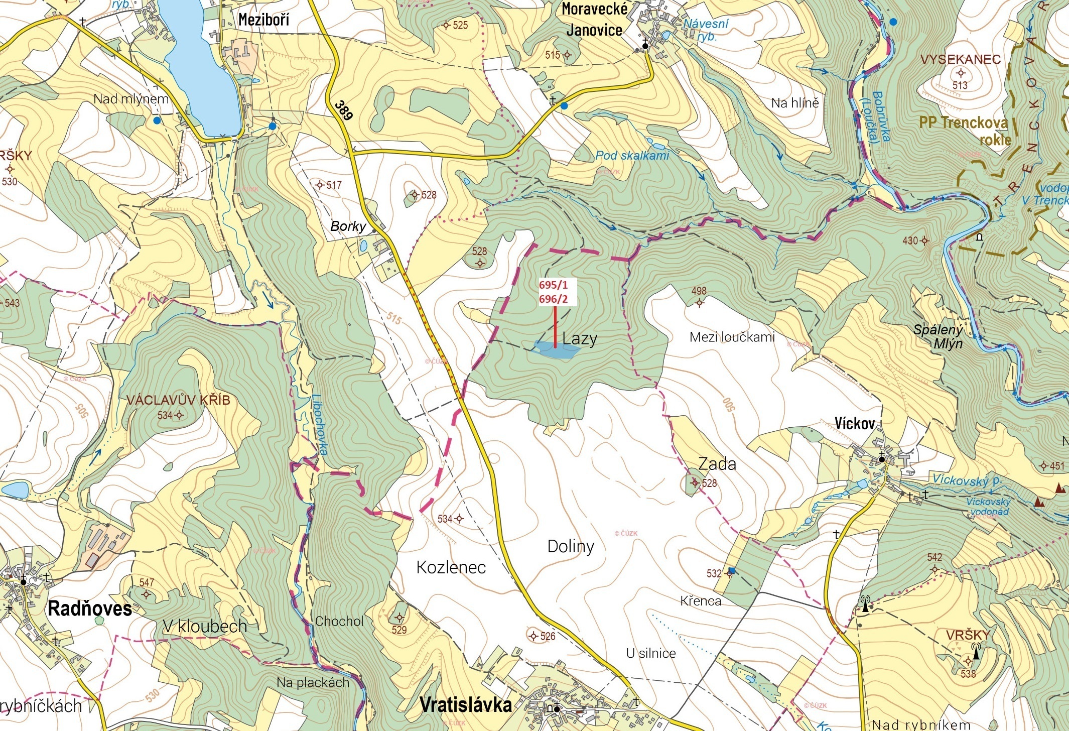 Lesní pozemky o výměře 9406 m2, podíl 1/1, k.ú. Vratislávka, okres Brno-venkov