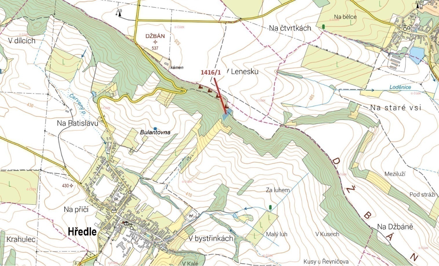 Lesní pozemek o výměře 4 270 m2, podíl 1/1, k.ú. Hředle, okres Rakovník