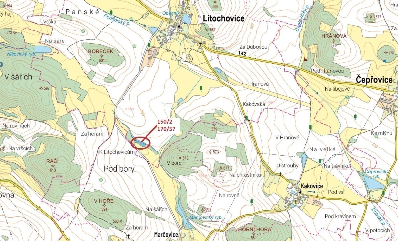 Lesní pozemek a vodní plocha o výměře 2 868 m2, podíl 1/1, k.ú. Litochovice u Volyně, okres Strakoni