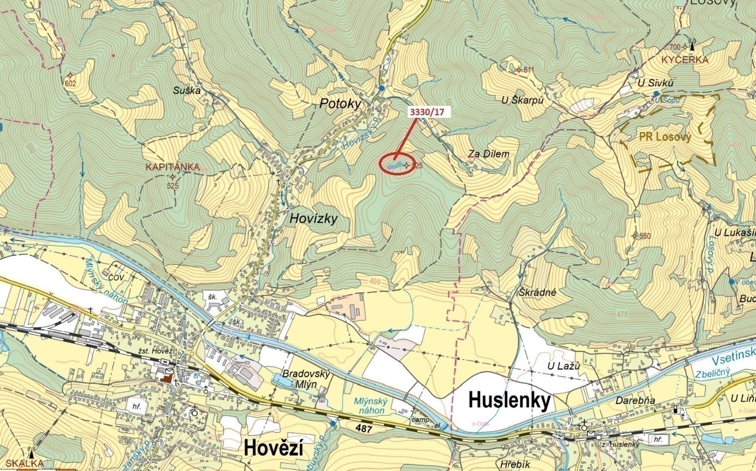 Lesní pozemek o výměře 1 781 m2, podíl 1/1, k.ú. Hovězí, okres Vsetín