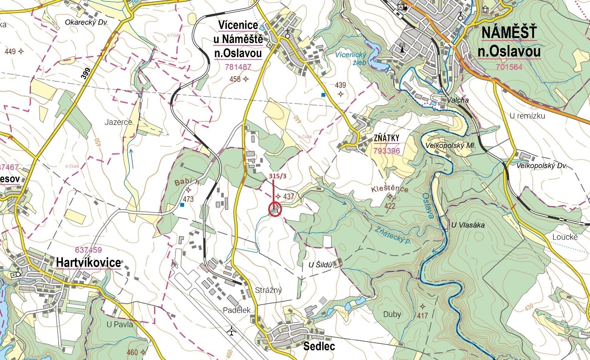 Ostatní plocha o výměře 798 m2, podíl 1/1, k.ú. Sedlec u Náměště nad Oslavou, okres Třebíč